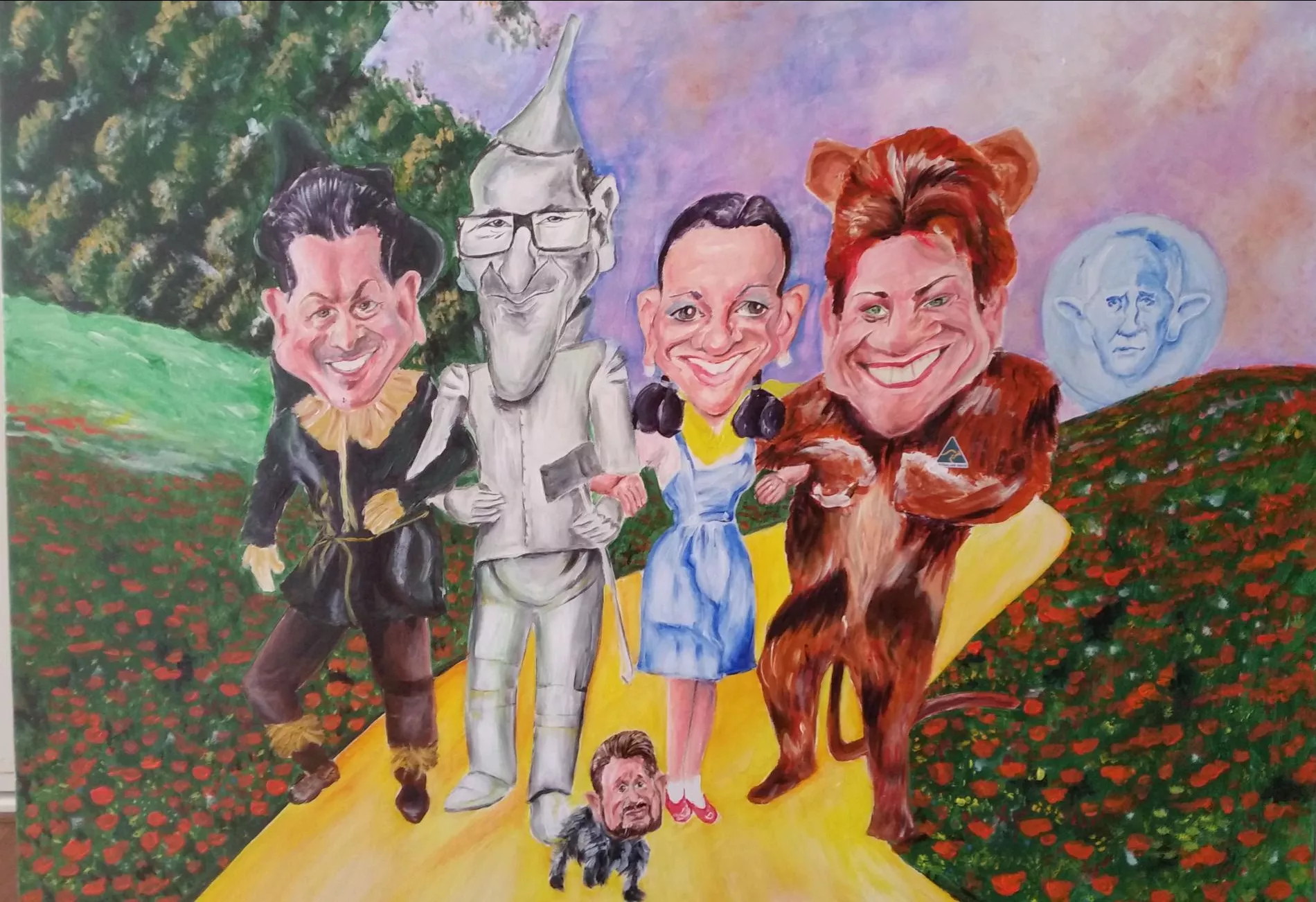 A painting depicting Australian politicians as characters from the Wizard of Oz, walking down the yellow brick road, arm in arm with big smiles on their faces.