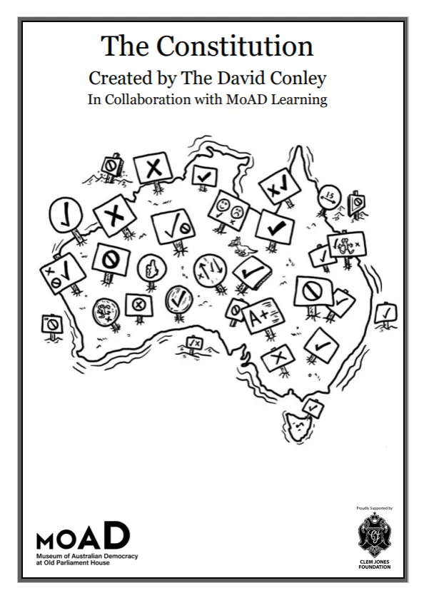 First page of an activity sheet, showing a map of Australia covered with signs depicting ticks and crosses.