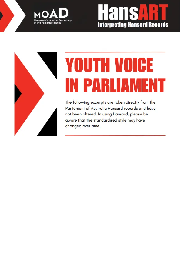 First page of excerpts of hansard quotes about youth voice in parliament.