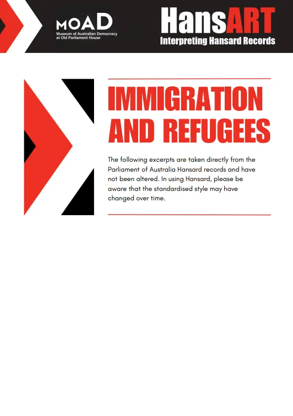 Preview of a learning resource with words in red letters that reads 'immigration and refugees'.