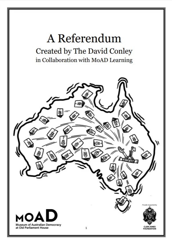 First page of an activity sheet, showing a map of Australia and pieces of paper coming out of Canberra across the continent.