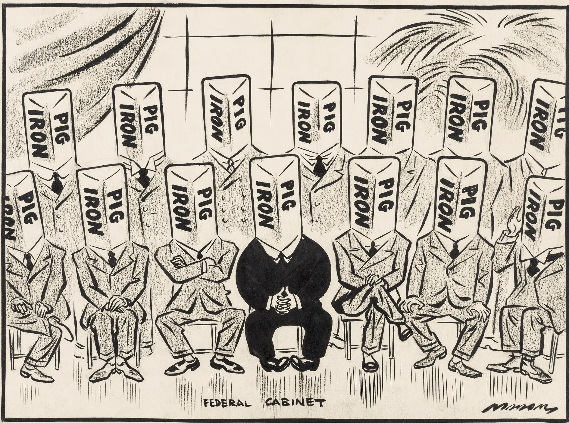 A cartoon depicting the entire Lyons Cabinet with heads made from pig iron.