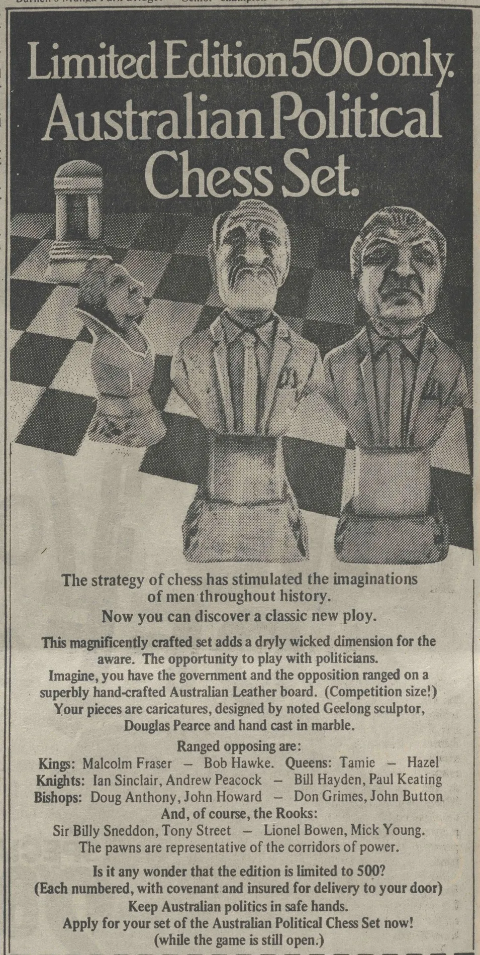 Newspaper advertisement for an 'Australian Political Chess Set' depicting Bob Hawke and Malcolm Fraser and Tamie Fraser as chess pieces.