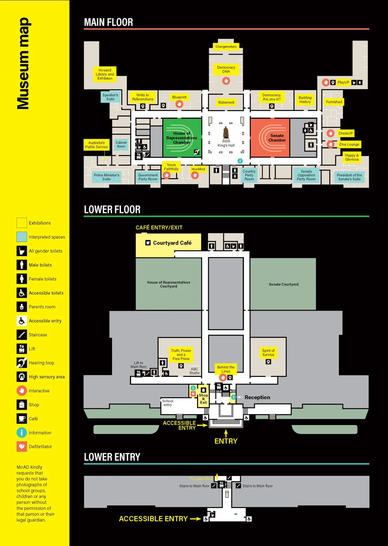 Map of MoAD showing all the exhibitions, activities and heritage spaces in the building.