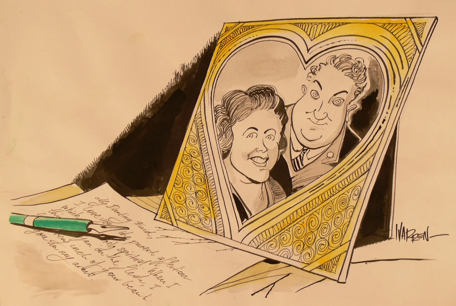 Cartoon showing a heart-shaped photo frame with Joe and Enid Lyons, on a table with a pen and a hand-written love letter addressed to 'My Darling Enid'.