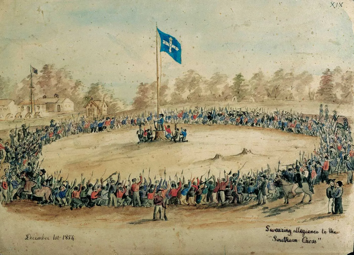 A painting of a large group of miners gathered in a circle around a flagpole, kneeling and raising hands and objects into the air, as the Eureka flag is raised. The title reads 'Swearing allegiance to the "Southern Cross"' and dated 'December 1st 1854'.