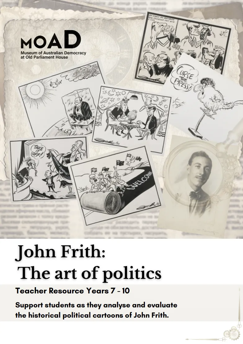 A number of political cartoons in black and white and a picture of political cartoonist, John Frith.