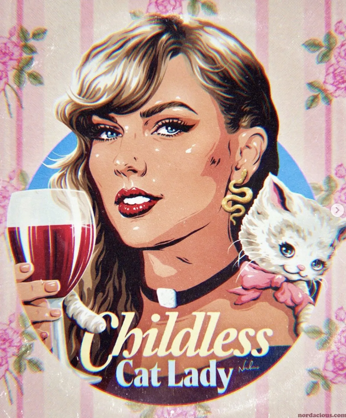 In a vintage-style illustration, singer-songwriter Taylor Swift holds up a wine glass and has a cat on her shoulder. Text reads, 'Childless cat lady.' In a vintage-style illustration, singer-songwriter Taylor Swift holds up a wine glass and has a cat on her shoulder. Text reads, 'Childless cat lady.'