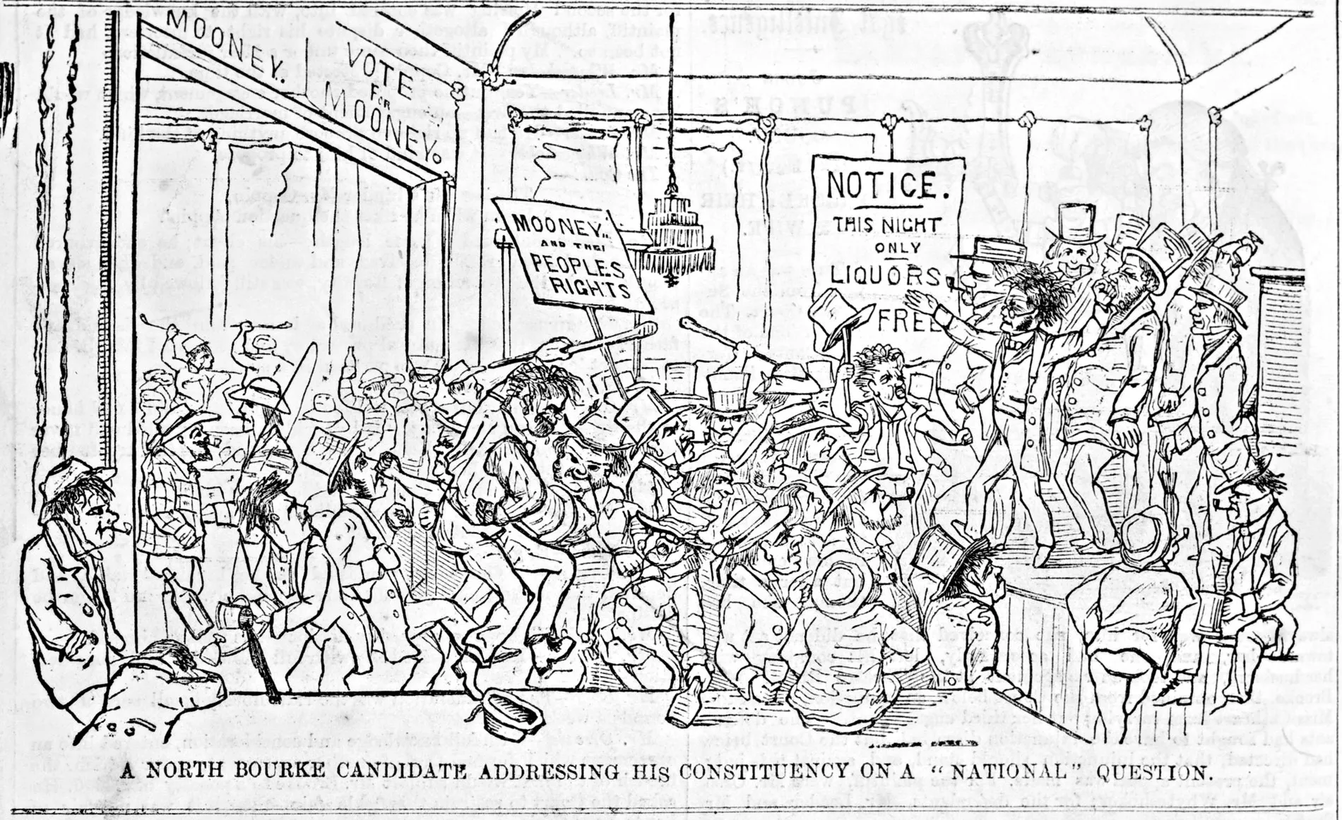 A black and white drawing from 1855 of a rowdy crowd in a pub looking at a raised platform where a man addresses them. Signs around the pub read 'Vote for Mooney'. 