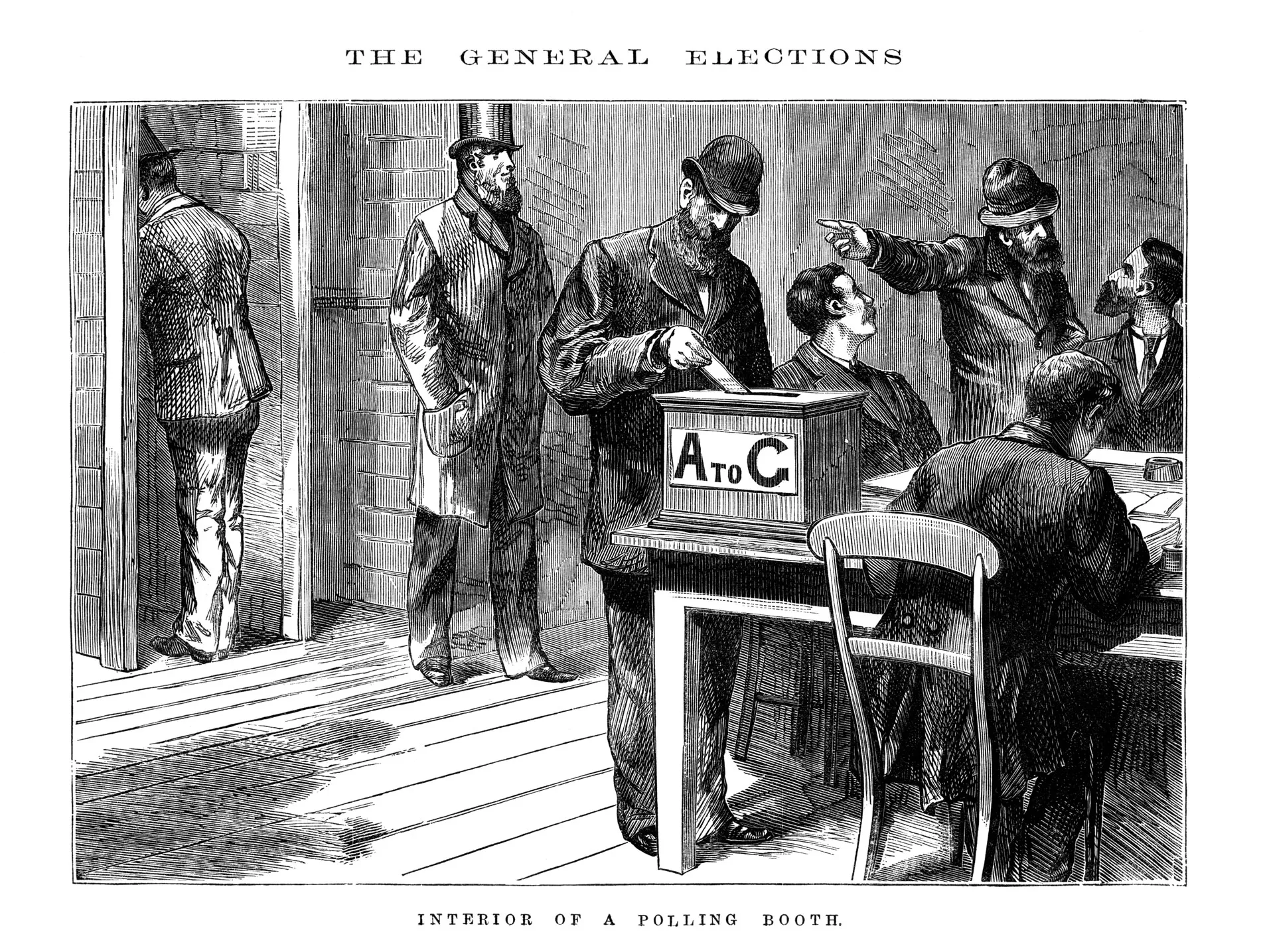 Historical black and white engraving from 1880 of men in a polling booth. One man puts his ballot in a box marked 'A to C'.