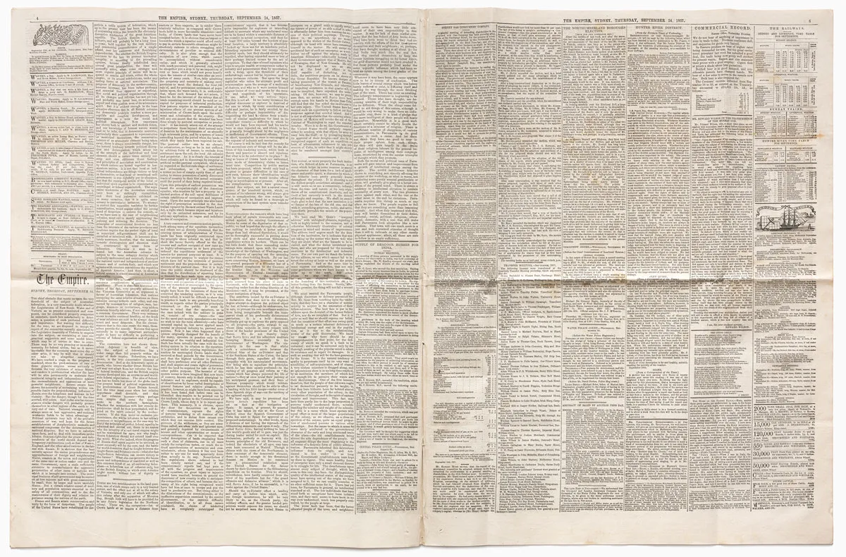 Two pages of the heavily typed copy of The Empire newspaper from September 1857.