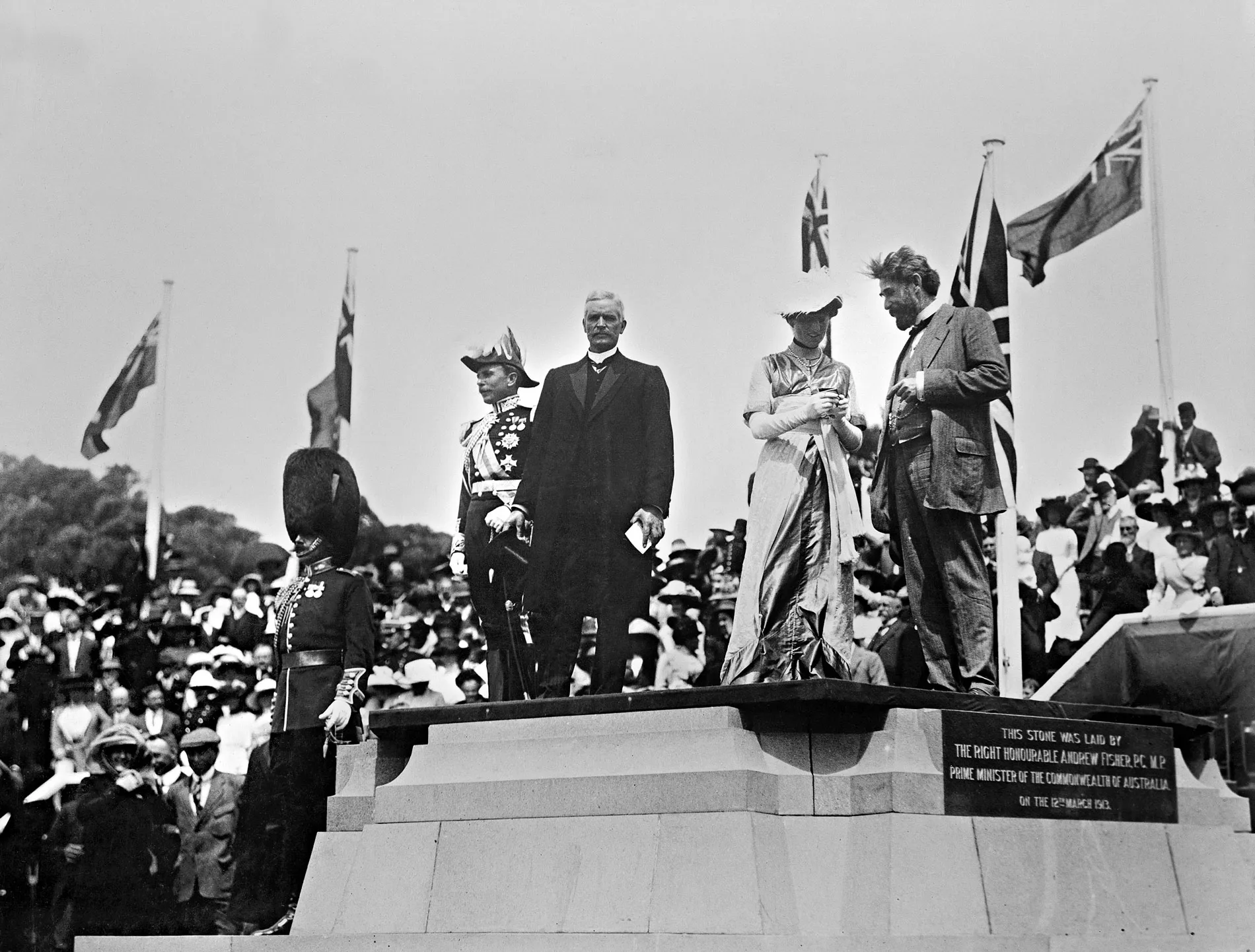 Governor-General Lord Denman, Lady Denman, Prime Minister Andrew Fisher and King O'Malley stand on a commemorative stone in Canberra. Governor-General Lord Denman, Lady Denman, Prime Minister Andrew Fisher and King O'Malley stand on a commemorative stone in Canberra.