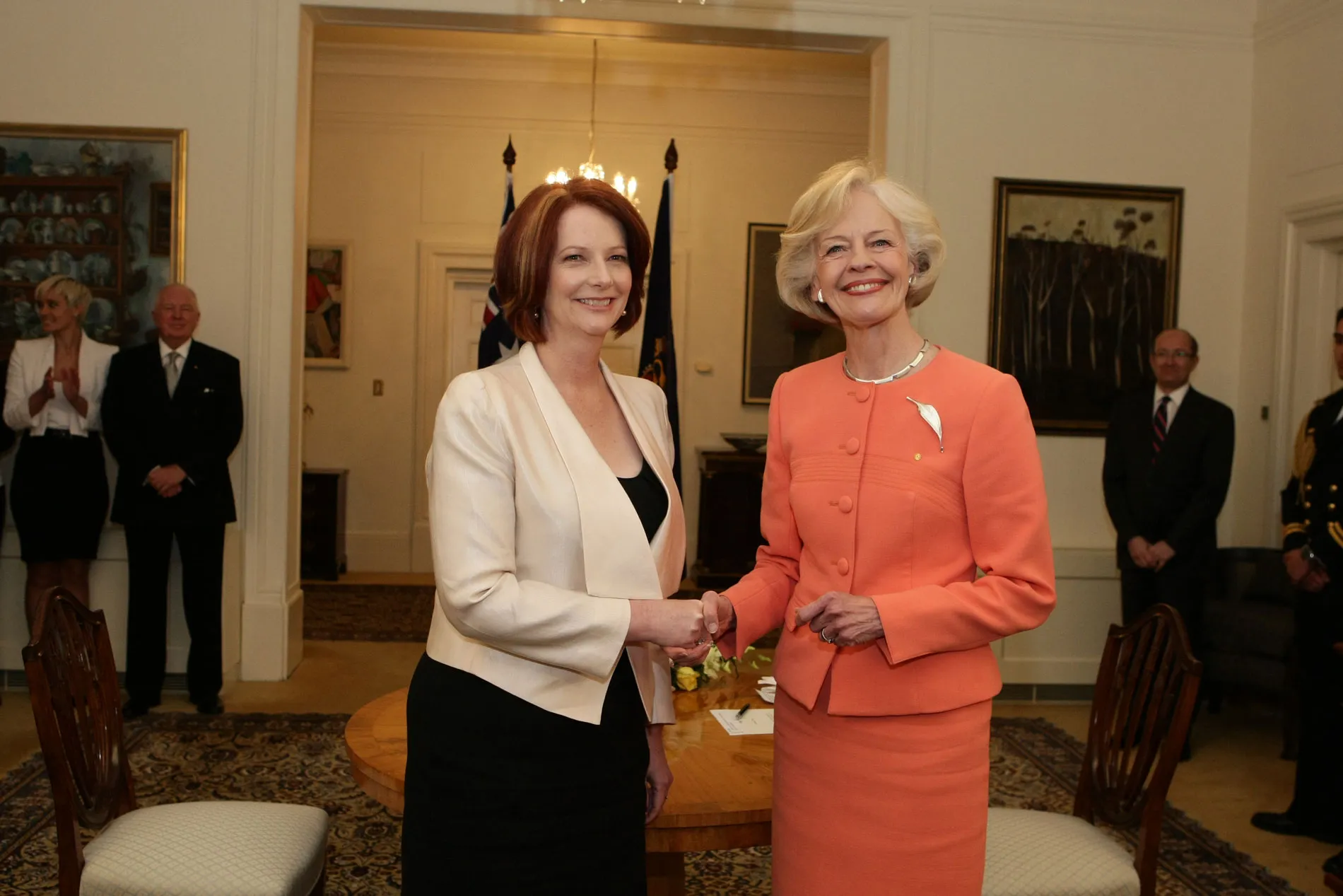 Governor-General Quentin Bryce shaking hands with Prime Minister Julia Gillard at Government House in Canberra. Governor-General Quentin Bryce shaking hands with Prime Minister Julia Gillard at Government House in Canberra.