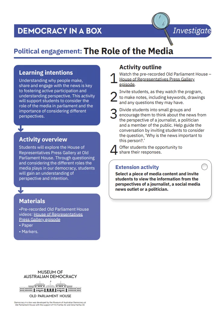 Preview of the role of media activity sheet for students.