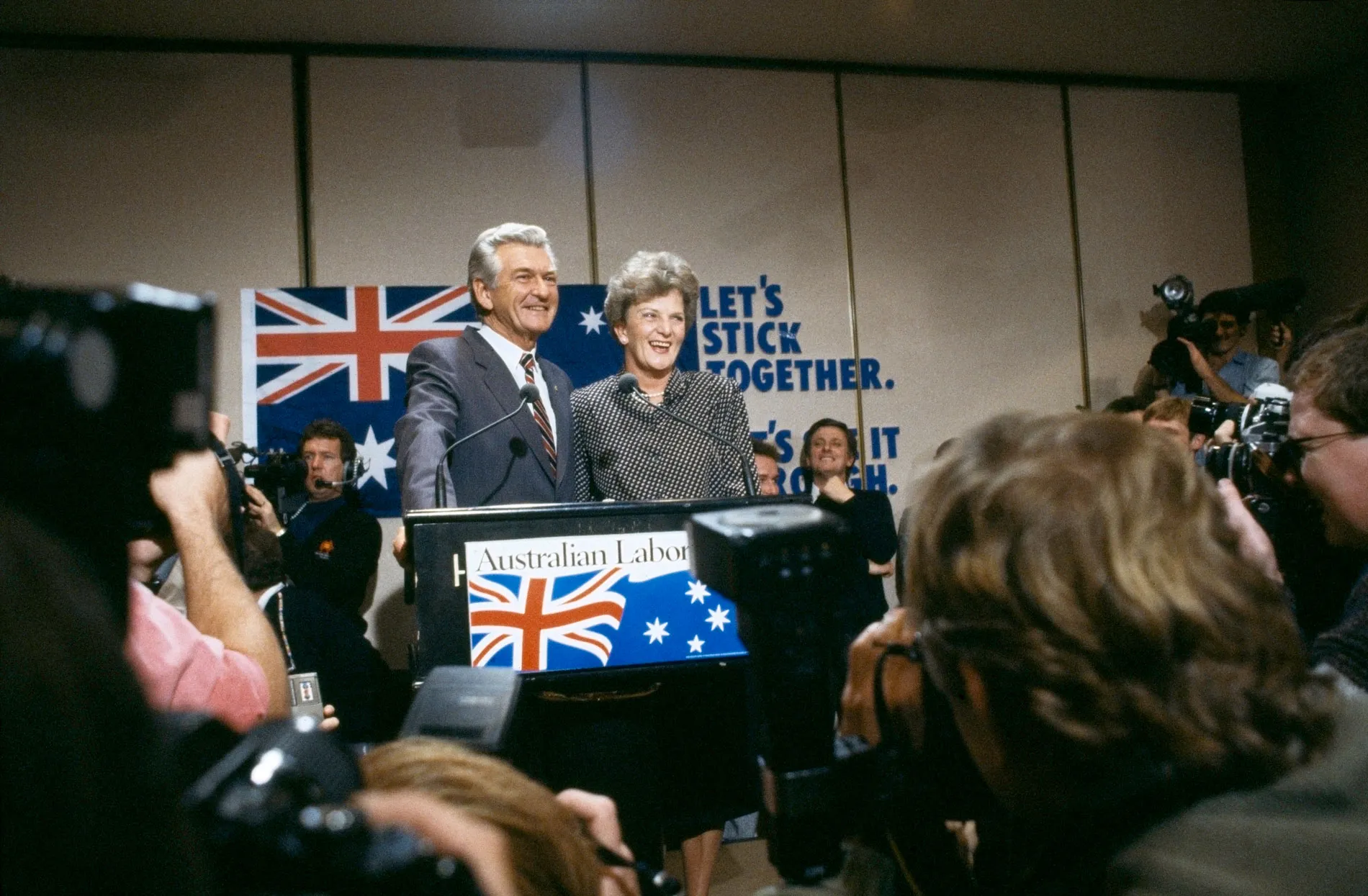 Prime Minister Bob Hawke and Hazel Hawke at the 1987 election victory press conference. Prime Minister Bob Hawke and Hazel Hawke at the 1987 election victory press conference.