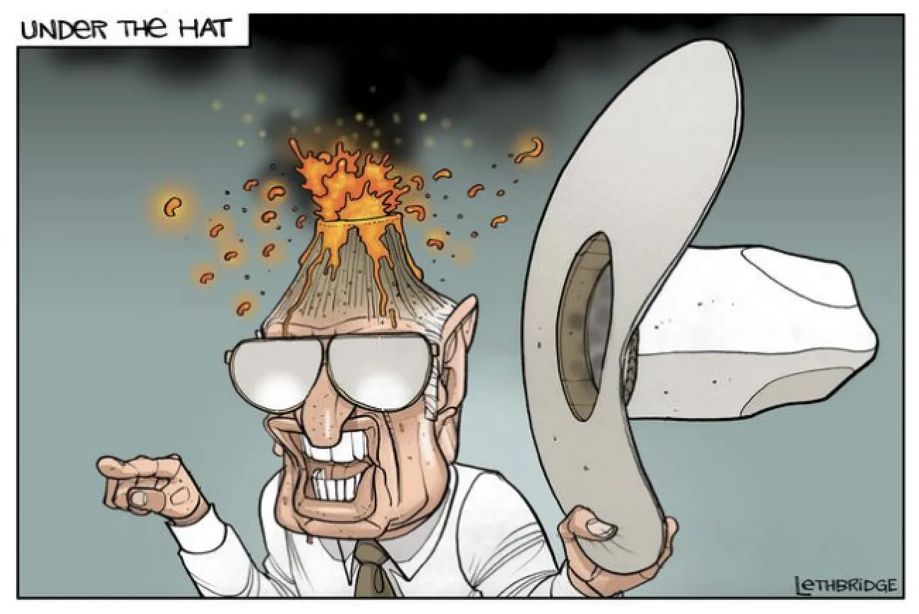 MP Bob Katter takes off his giant Akubra hat, revealing an exploding volcano beneath. 