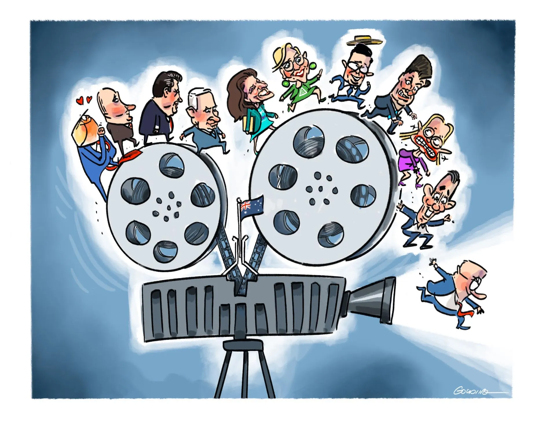 Various world leaders skip over the top of a giant film projector. At the front, PM Anthony Albanese hops into the projector light. 
