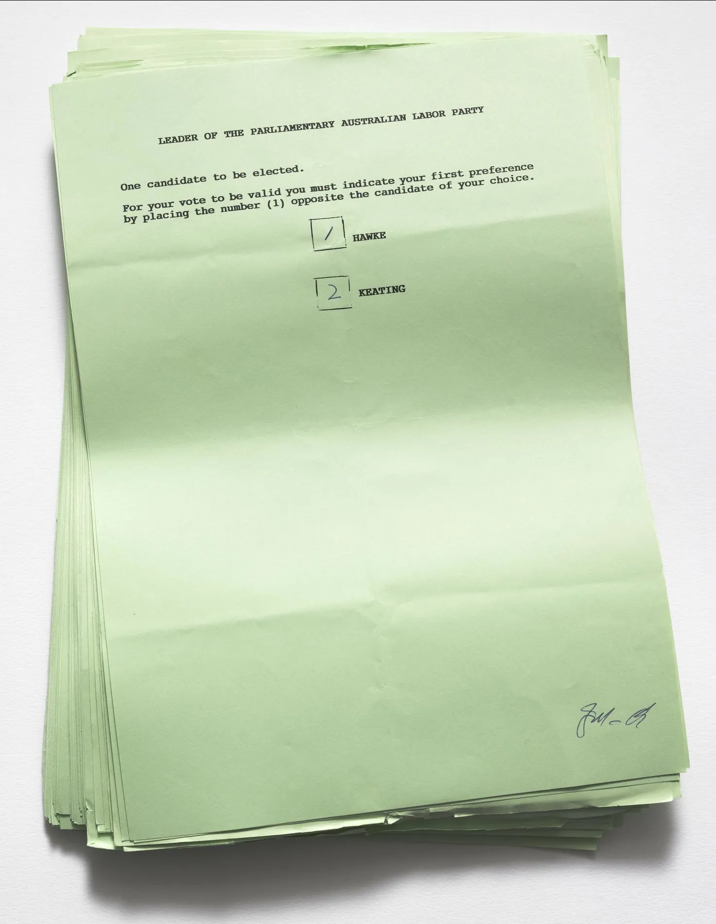 A green pile of ballot paper from the Hawke versus Keating leadership challenge.