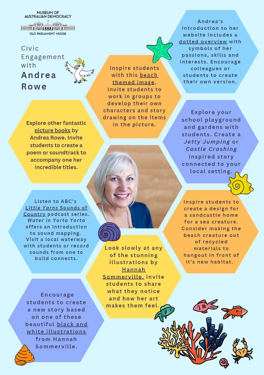 The first page of the Civic Engagement with Andrea Rowe activity sheet.