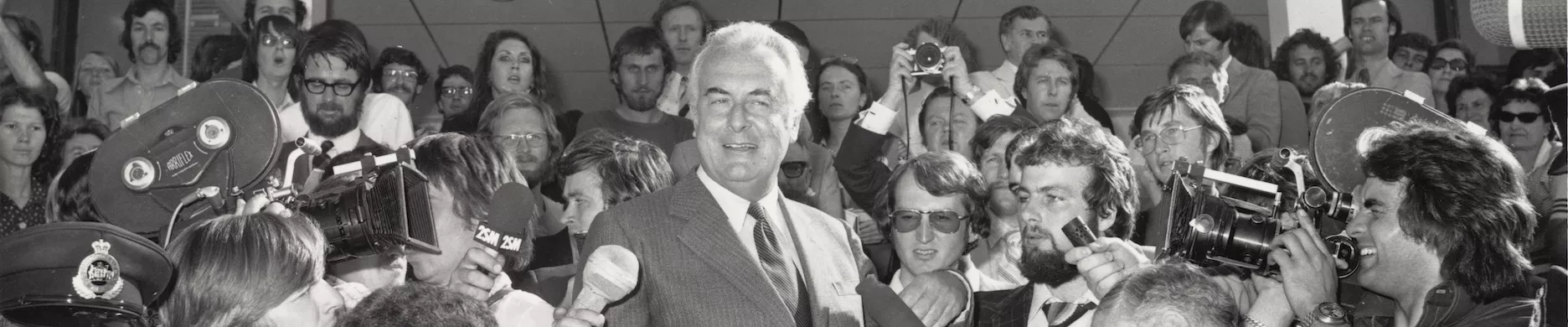 Photograph of Gough Whitlam on the front steps during his dismissal on the 11th of November 1975