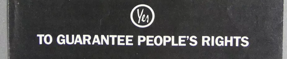 Cover of a faded black pamphlet with large white text reading 'VOTE Yes!'. Below, smaller white reads 'Yes for fewer elections, Yes for fair elections, Yes to recognise local government, Yes to guarantee people's rights. Constitutional update Saturday 3 September 1986'
