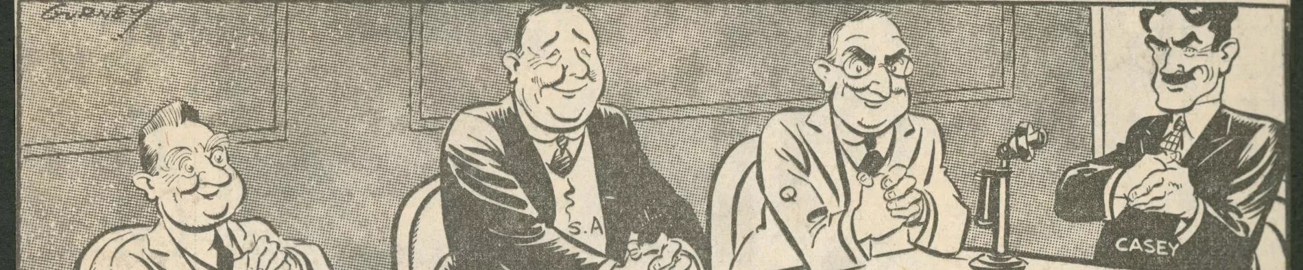 A newspaper cartoon in black and white of a group of men sitting around a table with the words Loan Council written on it and a Monopoly man character in the middle.