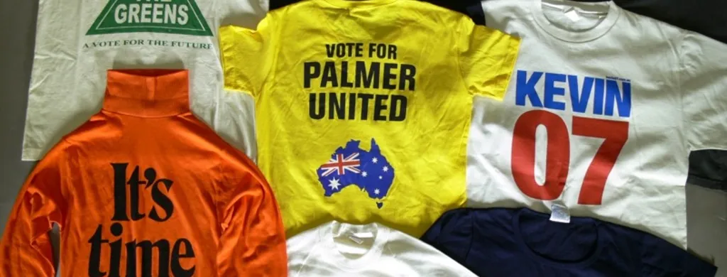 A group of political t-shirts from the Museum of Australian Democracy collection.