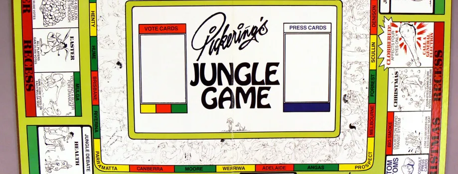 A colourful board game entitled 'Pickering's Jungle Game', illustrated with various political figures and themes.