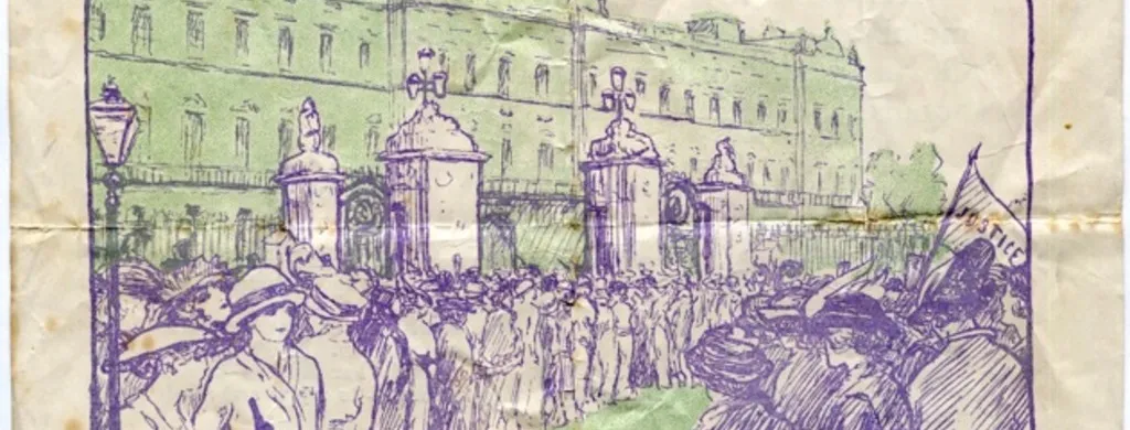 A leaflet printed in green and purple text entitled 'To Buckingham Palace' and illustrated with a sketch depicting a crowd of women marching.