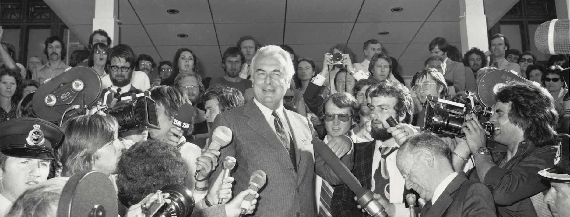 Photograph of Gough Whitlam on the front steps during his dismissal on the 11th of November 1975