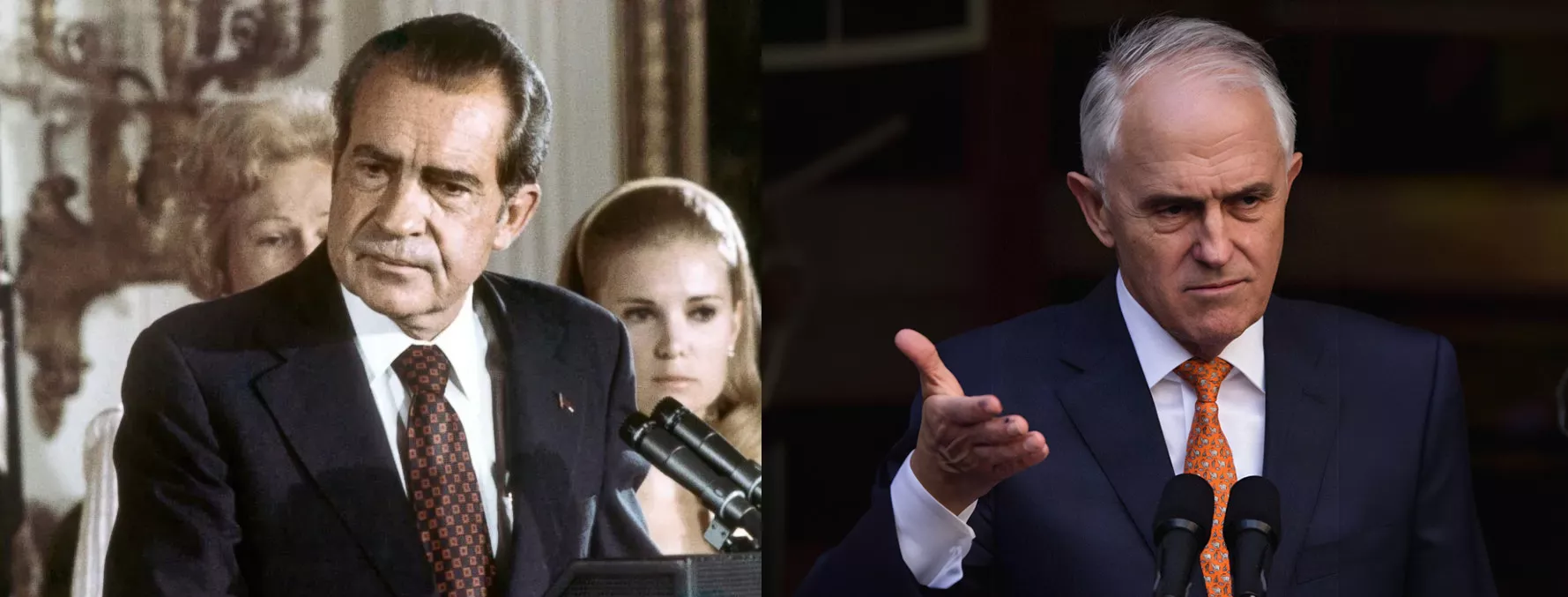 Photograph of Richard Nixon next to a photograph of Malcolm Turnbull, each addressing an audience in front of microphones.