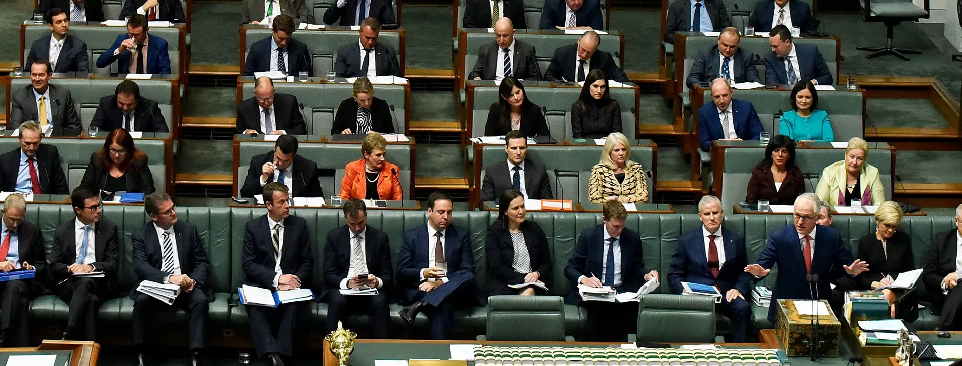 Prime minister Malcolm Turnbull standing and addressing parliament during question time in the House of Representatives.