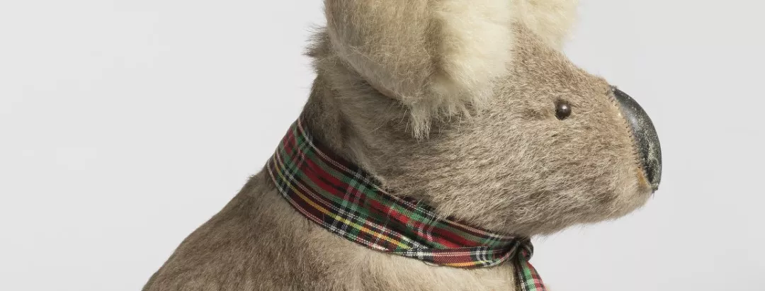 A side view of an old, used toy koala with a scuffed leather nose and a red and green tartan ribbon around its neck.