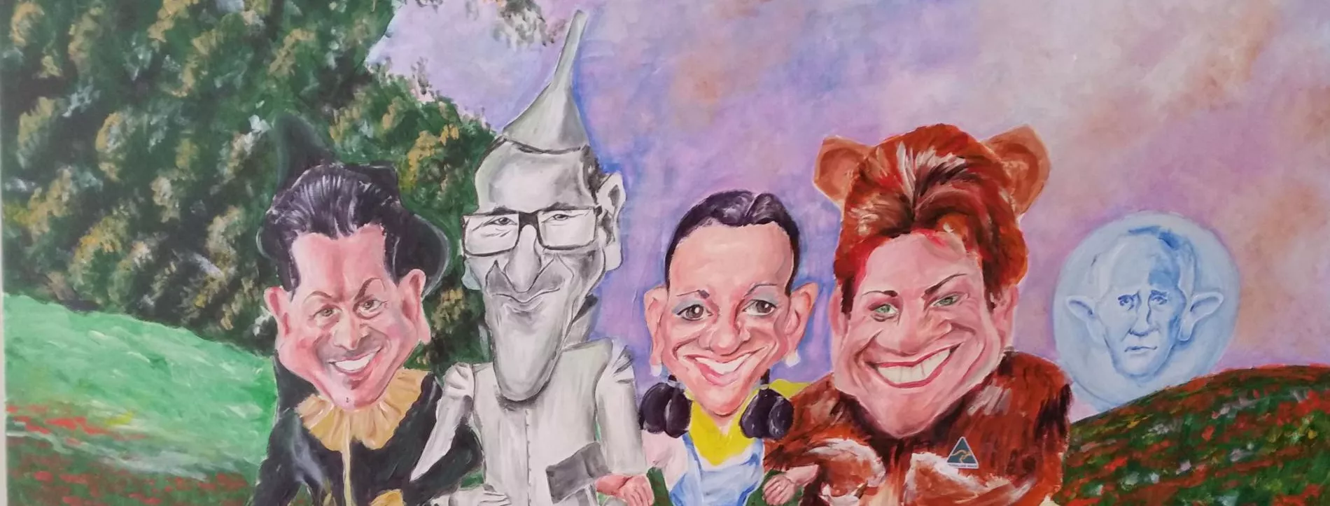 A painting depicting Australian politicians as characters from the Wizard of Oz, walking down the yellow brick road, arm in arm with big smiles on their faces.