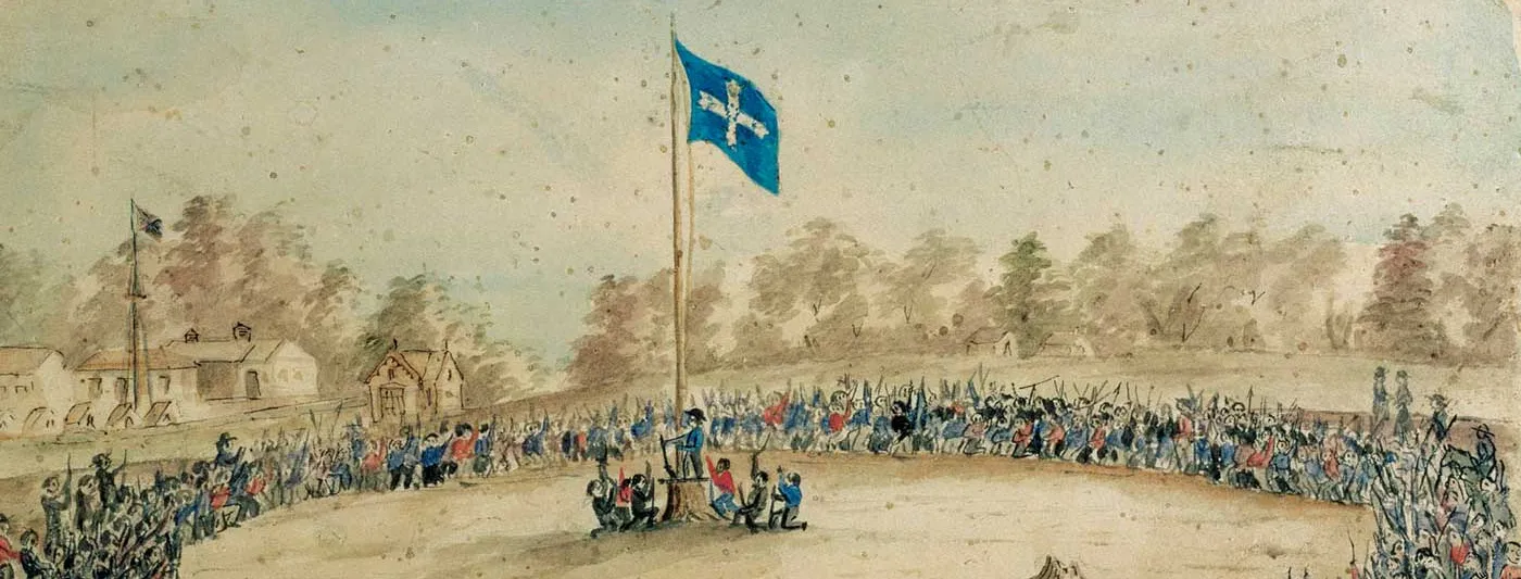 A painting of a large group of miners gathered in a circle around a flagpole, kneeling and raising hands and objects into the air, as the Eureka flag is raised. The title reads 'Swearing allegiance to the "Southern Cross"' and dated 'December 1st 1854'.