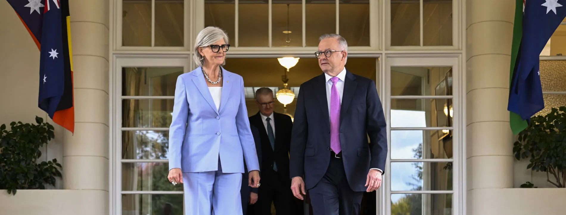 Governor-General Sam Mostyn and Prime Minister Anthony Albanese walk outside Government House in Canberra.