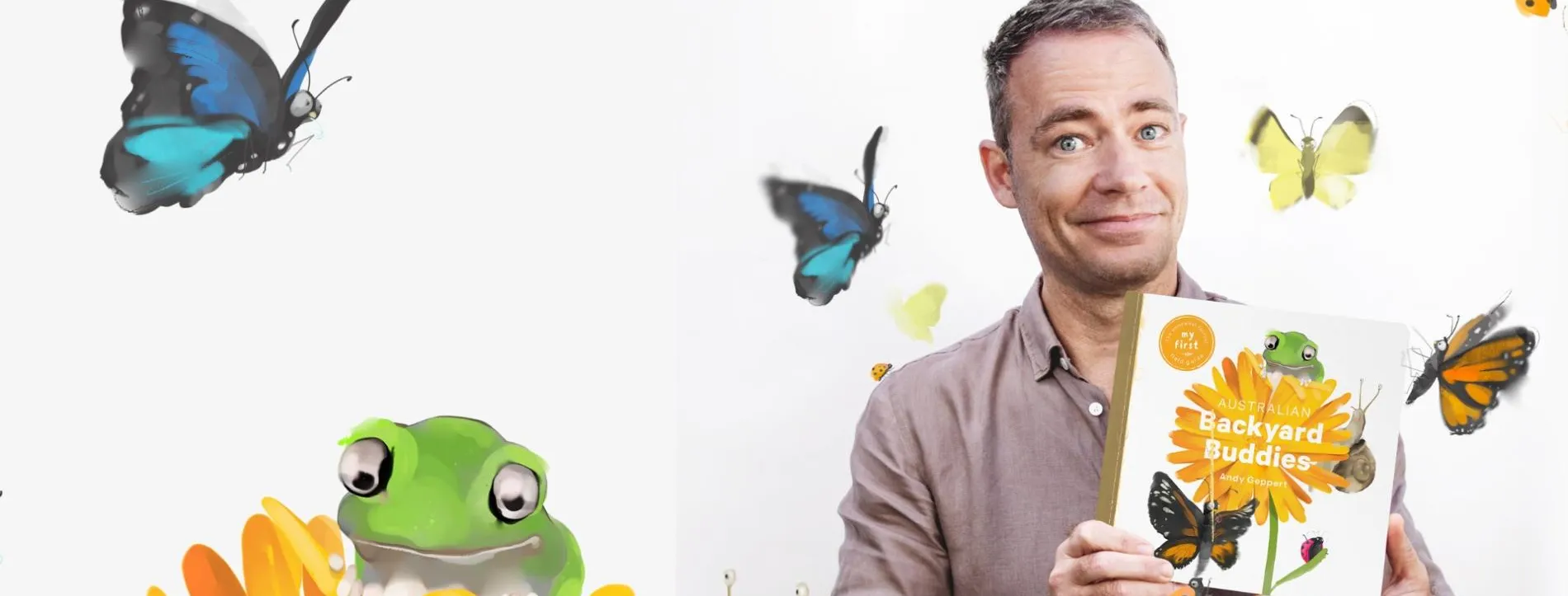 A man holds a book titled 'Backyard Buddies' against background illustrations of butterflies and a frog.