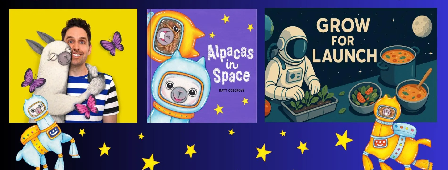 Book cover of Alpacas in Space along with a picture of the author, Matt Cosgrove, and other illustrations.