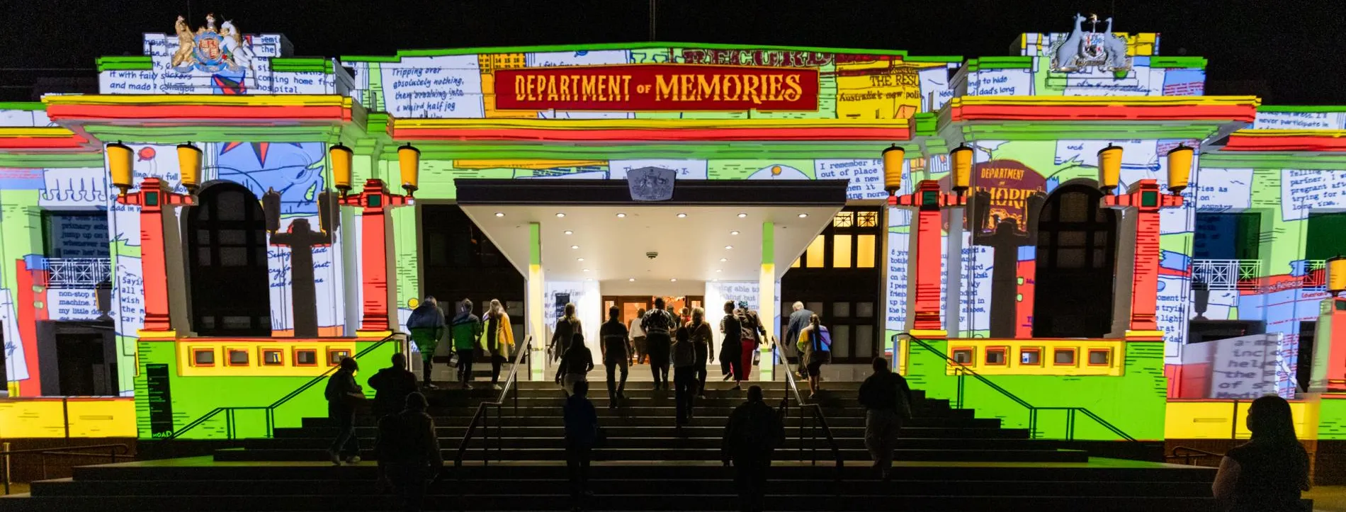 The front of Old Parliament House illuminated with illustrations and text that reads 'Department of Memories'.