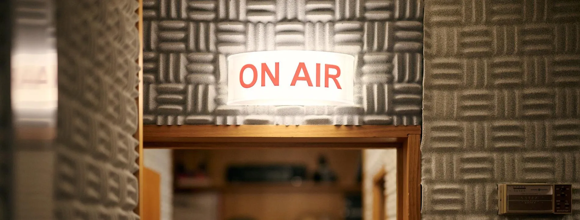 An 'on air' sign is lit up in a studio in the Press Gallery in Old Parliament House.