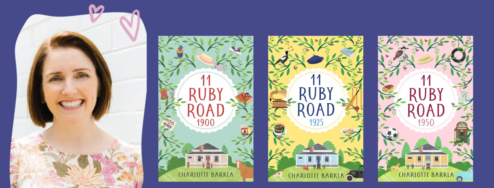 Charlotte Barkla next to the covers of her books '11 Ruby Road 1900', '11 Ruby Road 1925', and '11 Ruby Road 1950'