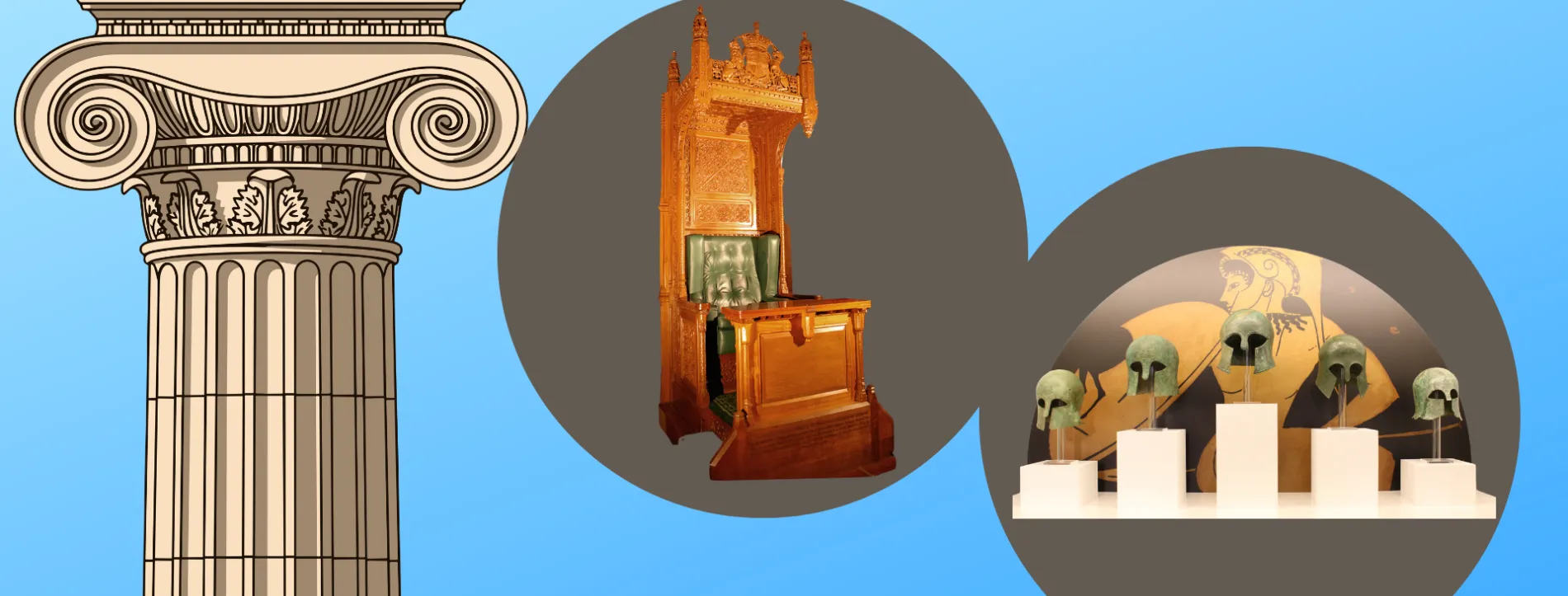 A graphic image featuring a Corinthian column, an image of the Speaker's Chair, and some ancient Greek helmets.