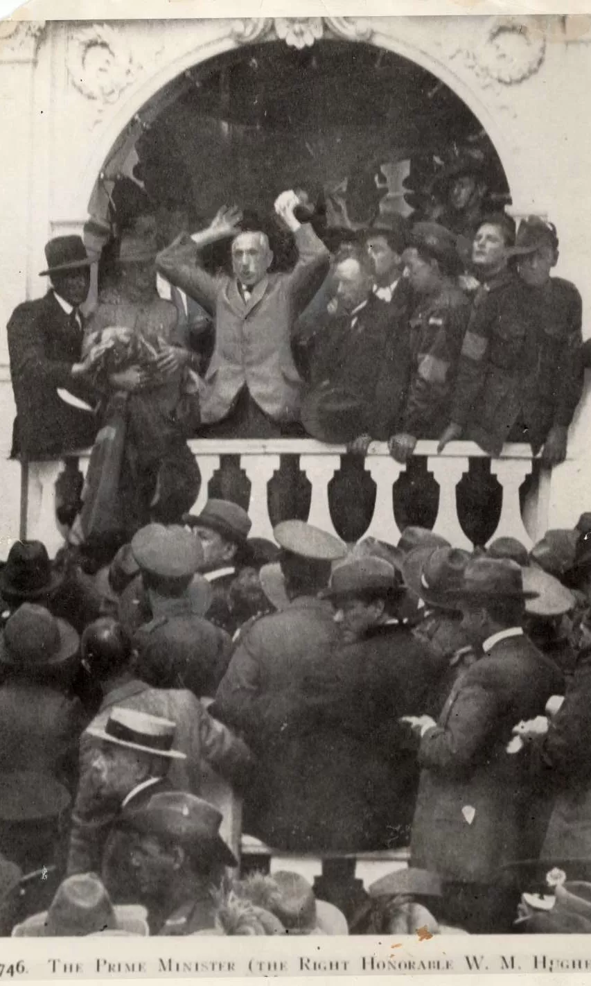 William 'Billy' Morris Hughes speaks to a crowd from a balcony