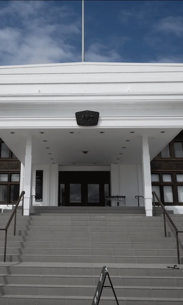 A large staircase leading up a large white building with two banners on either side. One reads 'Democracy DNA' and the other reads 'Behind the Lines'.