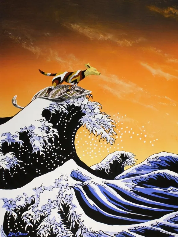 A painting of a dingo, coloured with red, white and black stripes, riding a stingray on a big wave in the ocean.