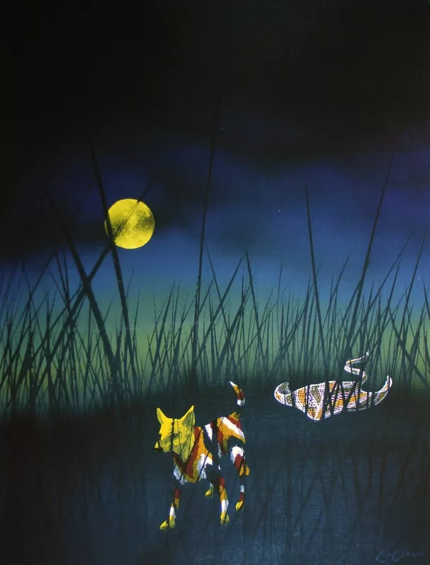 A painting of a dingo, coloured with red, white and black stripes, and a stingray, exploring the long grass at night time, a yellow full moon in the sky.