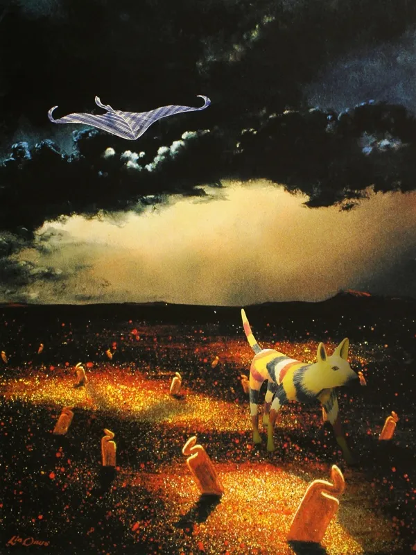 A painting of a dingo, coloured with red, white and black stripes, walking through a desert with orange toilet cleaner bottles coming out of the ground, as a stingray flies overhead in a dark cloudy sky.