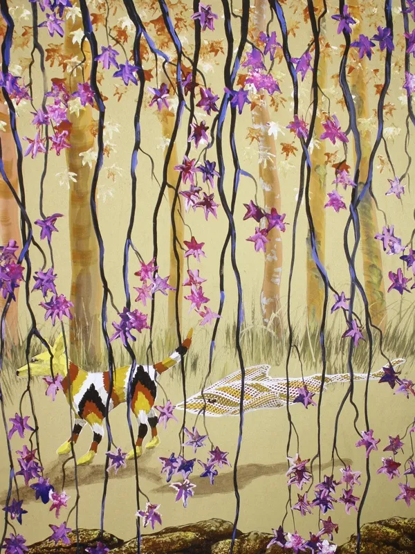 A painting of a dingo, coloured with red, white and black stripes, and a stingray, in a forest, long branches hanging down with purple leaves.