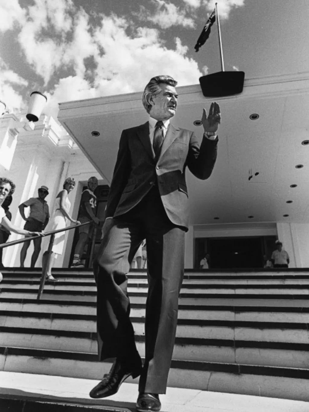 A buoyant Prime Minister-elect Bob Hawke acknowledges well-wishers on the steps of Parliament House