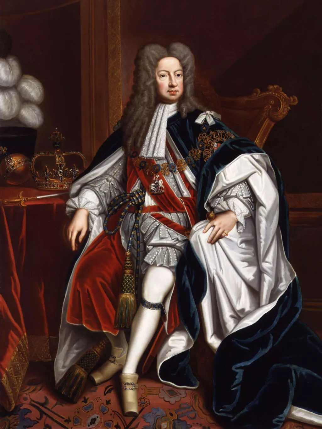 Portrait painting of King George I, seated with crown, sceptre and orb on the table next to him.